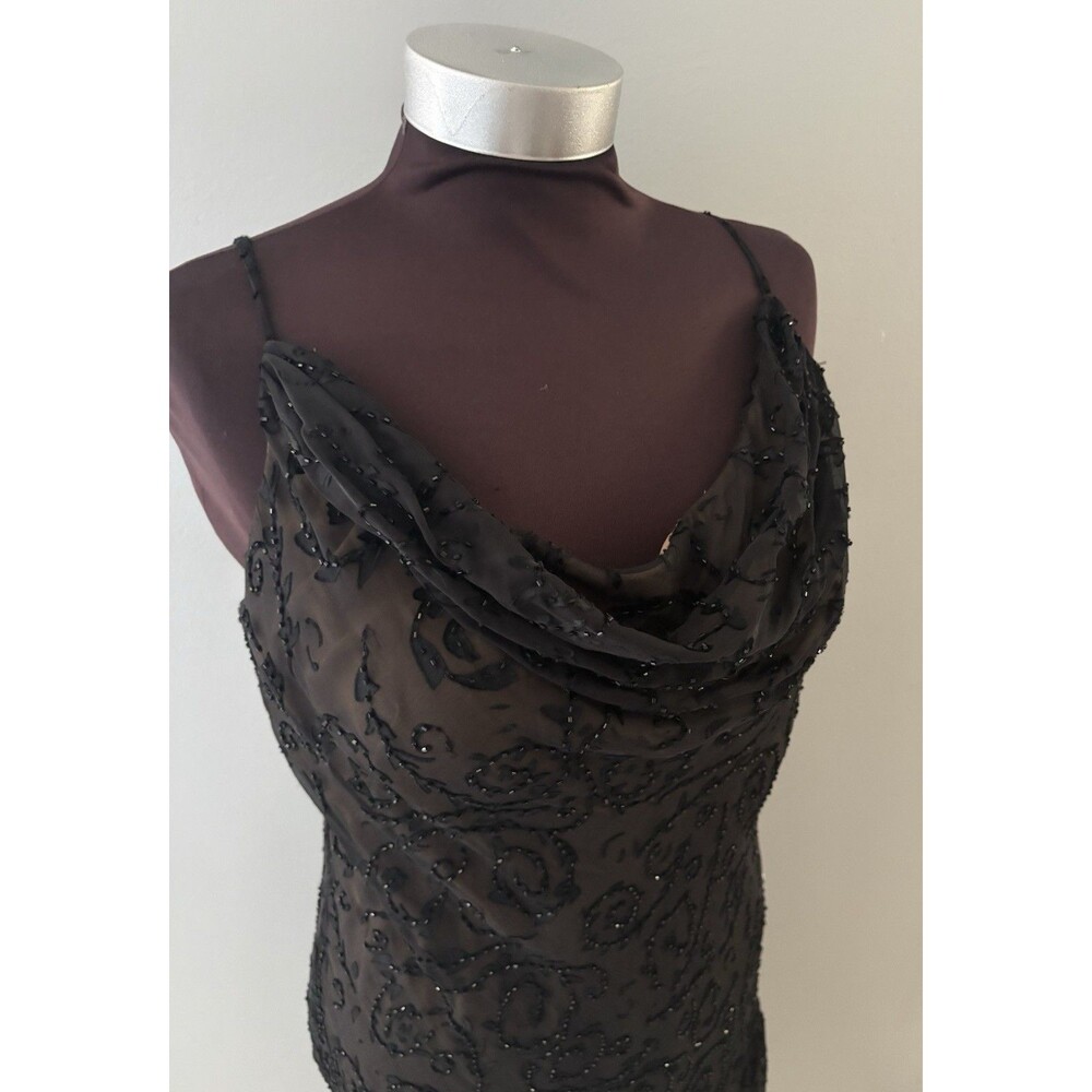 Vtg Mon Cheri Silk Beaded Midi Dress Black Chiffon Gothic Whimsigoth LBD